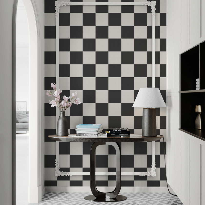 GW0200 Check Faux Grasscloth Plain weave Texture Wallpaper Roll 19 inch Wide x 18 ft. Long in Black White