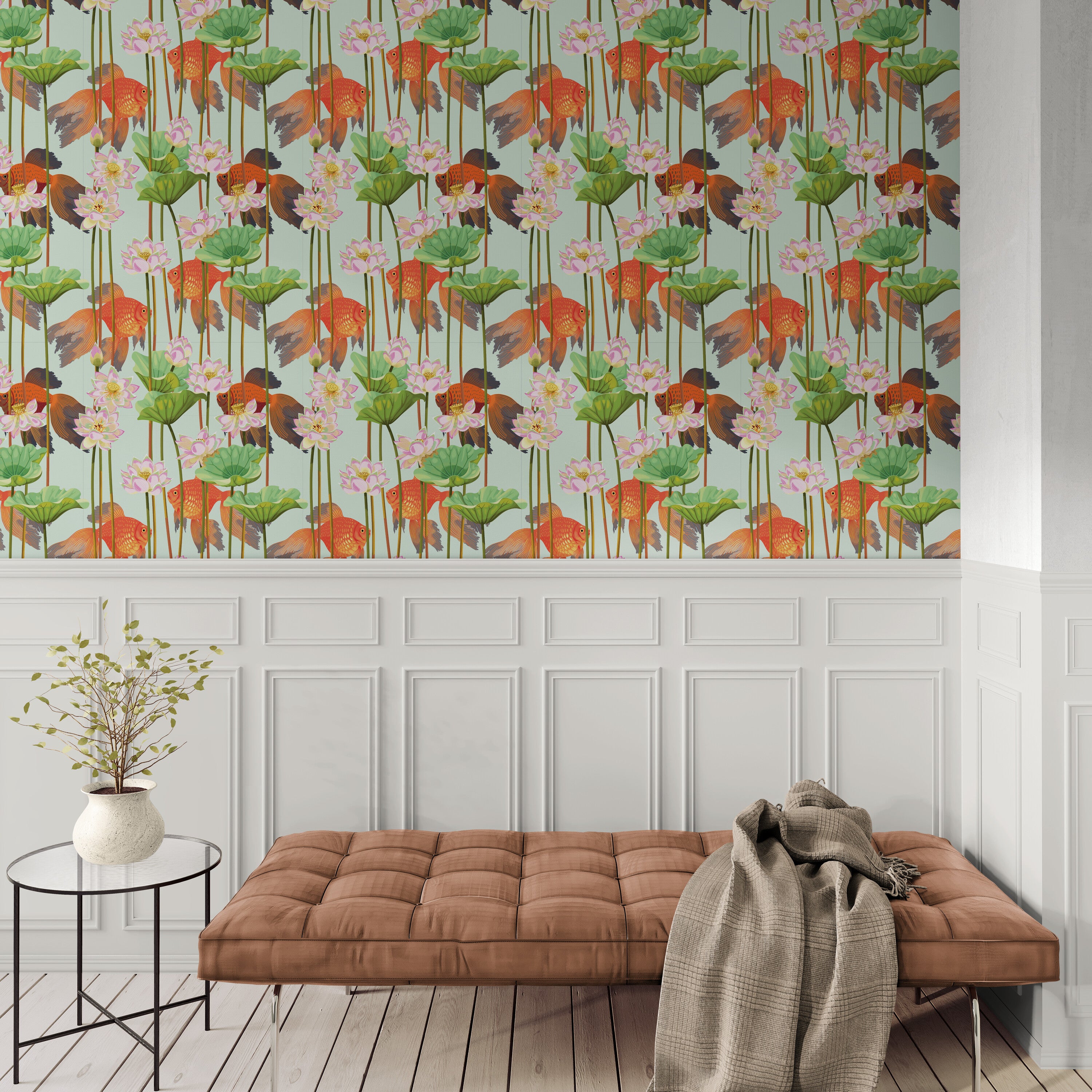 GN5021 Koi and Water Lillies Grace and Gardenia Wallpaper Roll size 26 inch Wide x 27ft. Long, Green/White/Blue