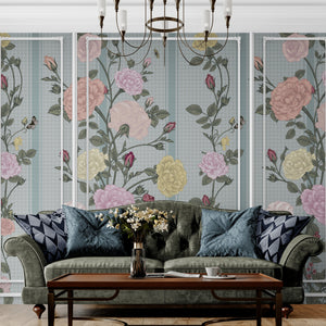 GE5081 Rose Bush Stripe Endless Murals in Pink Yellow and Light Blue