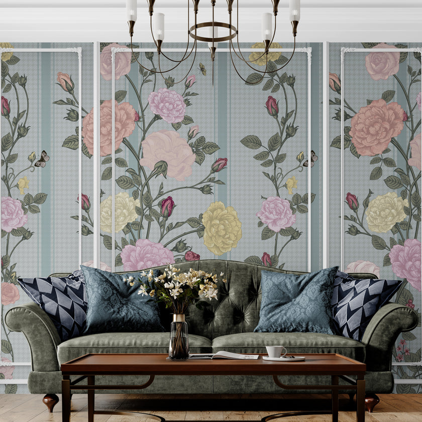 GE5081 Rose Bush Stripe Endless Murals in Pink Yellow and Light Blue