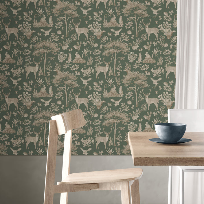 GDSE3273 Fantastic Forest Wallpaper Premium Peel and Stick Material 26in Wide x 9 ft. Vintage Green