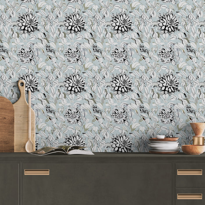 GDSL5003 Dahlias Premium Peel and Stick Wallpaper Panel 26 inch Wide in Light Teal White Black