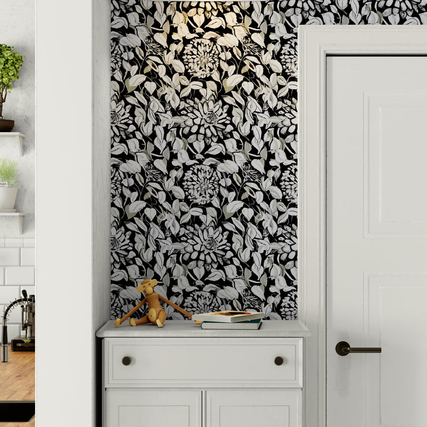 GDSL5003 Dahlias Premium Peel and Stick Wallpaper Panel 26 inch Wide in Light Teal White Black
