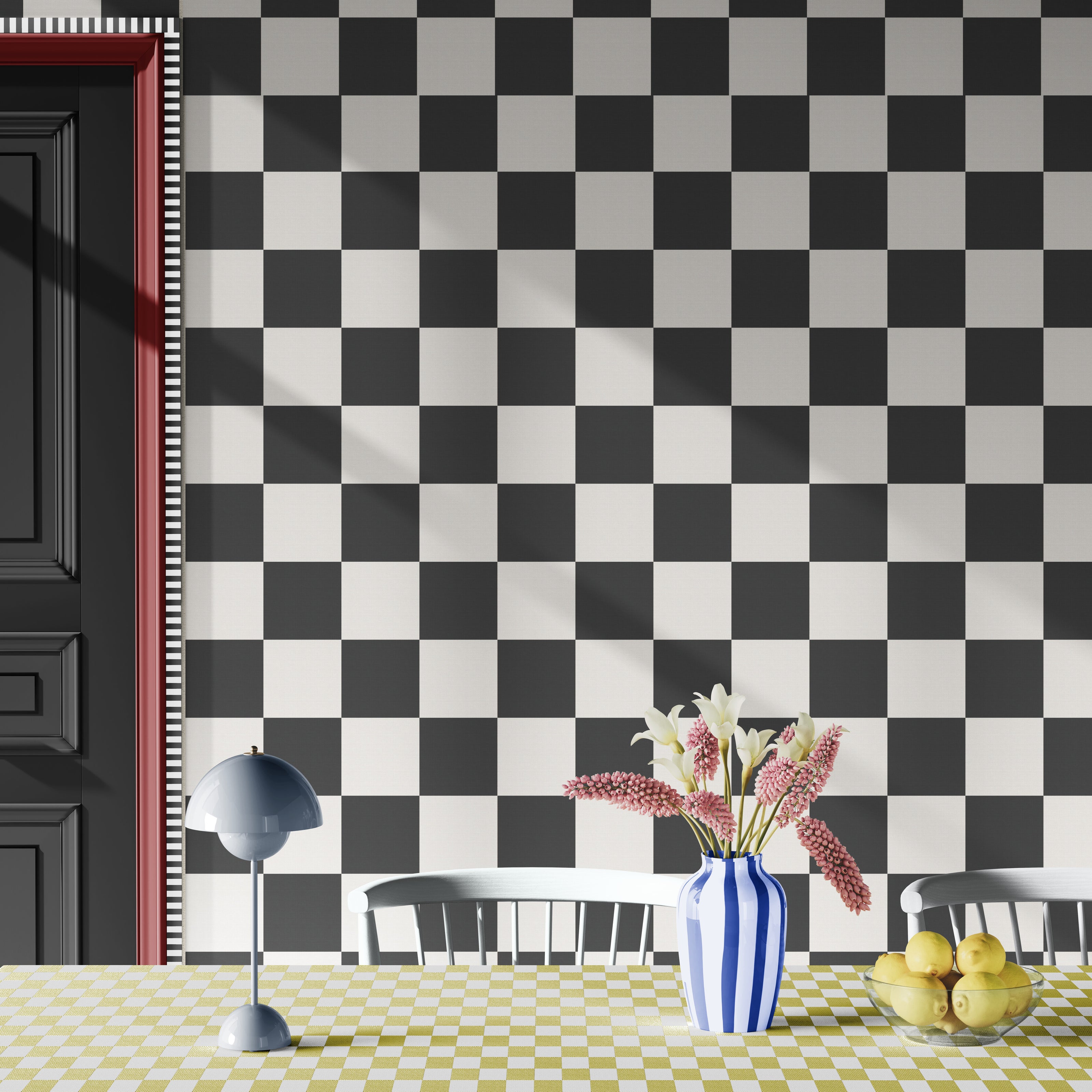 GW0200 Check Faux Grasscloth Plain weave Texture Wallpaper Roll 19 inch Wide x 18 ft. Long in Black White