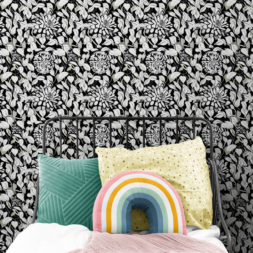 GDSL5003 Dahlias Premium Peel and Stick Wallpaper Panel 26 inch Wide in Light Teal White Black