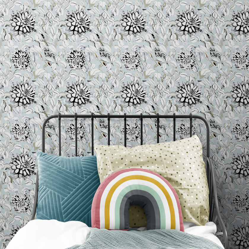 GDSL5003 Dahlias Premium Peel and Stick Wallpaper Panel 26 inch Wide in Light Teal White Black