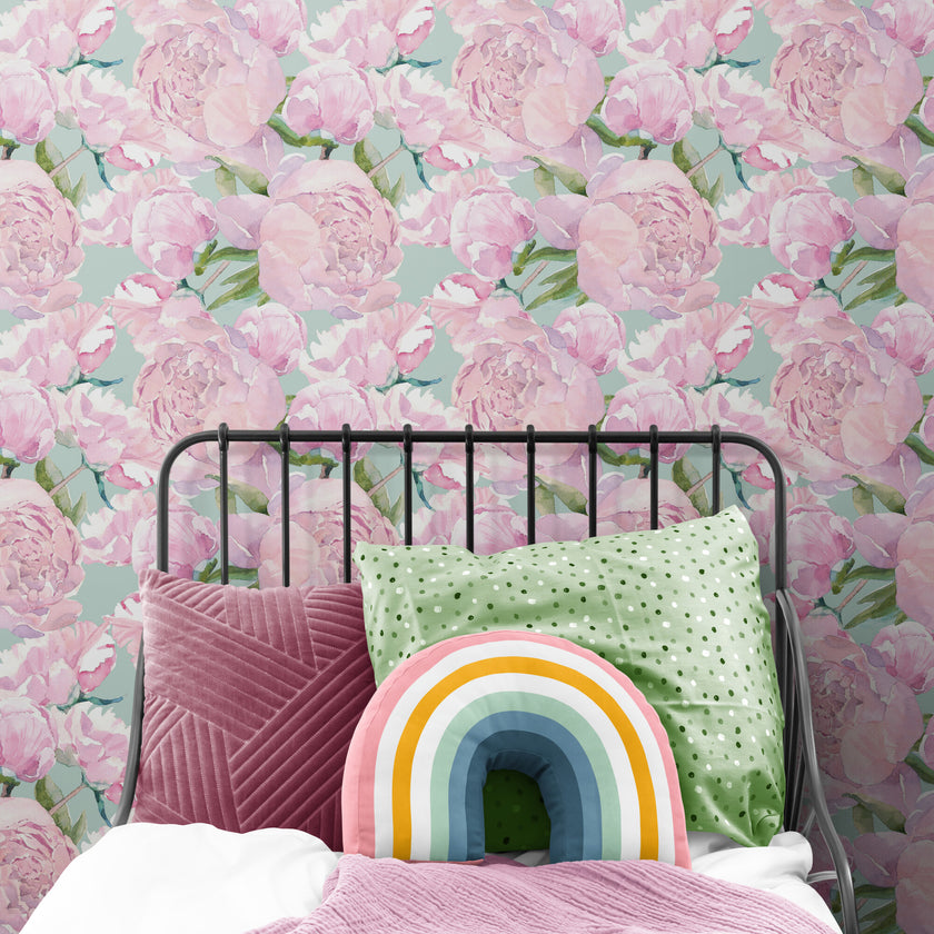 GW5141 Grace & Gardenia  Pink Watercolor Peonies Peel and Stick Wallpaper Roll 19 inch Wide x 18 ft. Long Pink Green