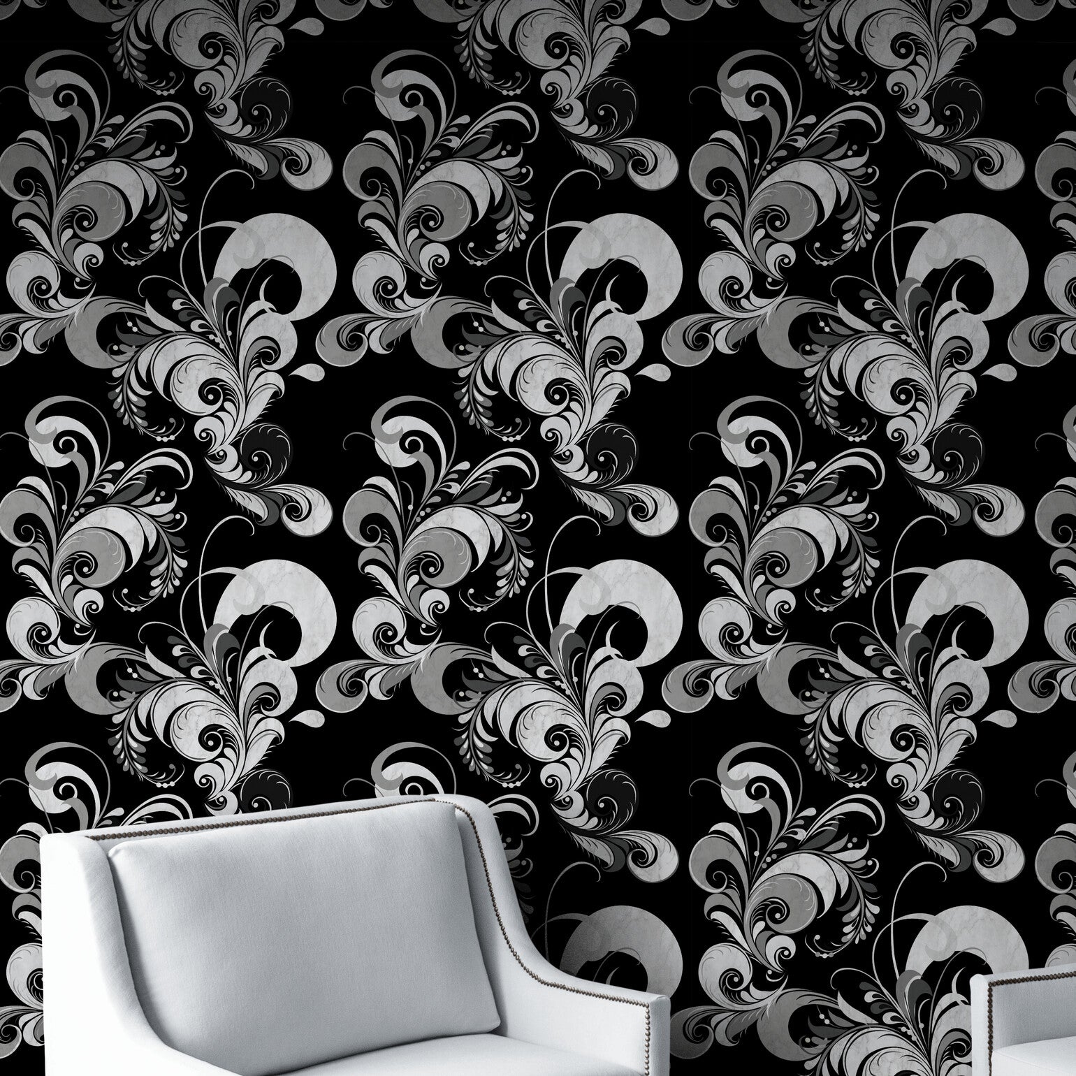GDM0020 Marina Makaron Designs Paisley in Black Gray Off White Wallpaper Panel 26 inch Wide x 6ft, 9ft, and 12ft Long