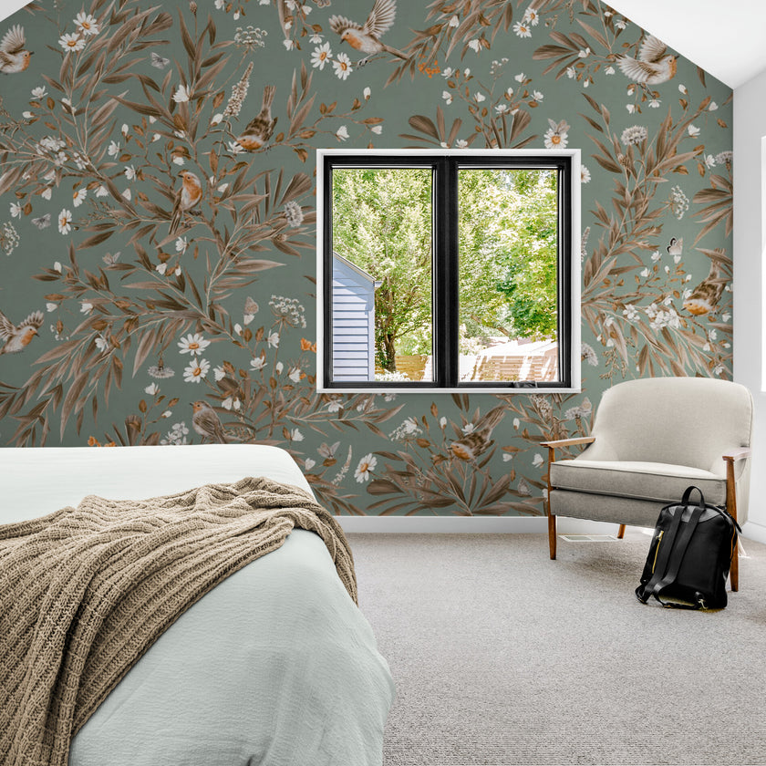 GDSE3180 Playful Robin Wallpaper Premium Peel and Stick Material 26in Wide x 6ft, 9 ft, 12ft, Vintage Green