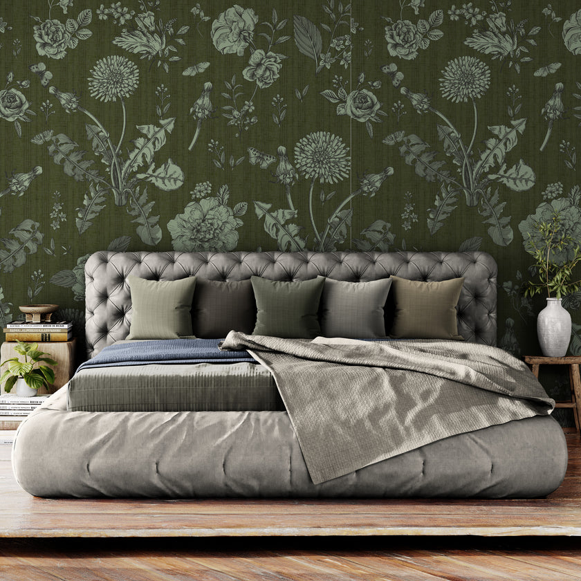GE5073 Vintage Stripe Botanical Endless Murals in Dark Olive Green