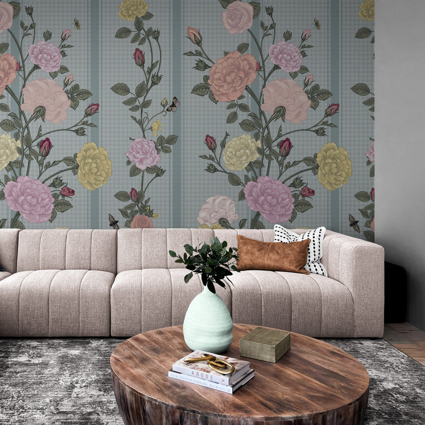 GE5081 Rose Bush Stripe Endless Murals in Pink Yellow and Light Blue