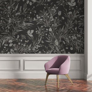GDSE3172 Playful Robin Wallpaper Premium Peel and Stick Material 26in Wide x 6ft, 9 ft, 12ft, Black