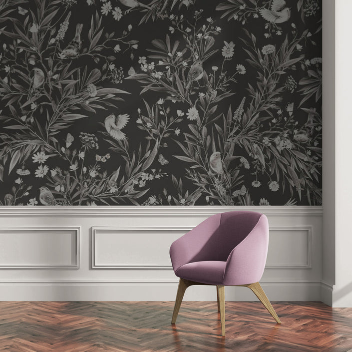 GDSE3172 Playful Robin Wallpaper Premium Peel and Stick Material 26in Wide x 6ft, 9 ft, 12ft, Black