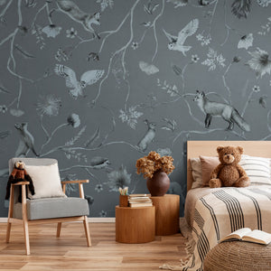 GDSE3145 Playful Forest Wallpaper Premium Peel and Stick Material 26in Wide x 6ft, 9 ft, 12ft, Monochrome Blue