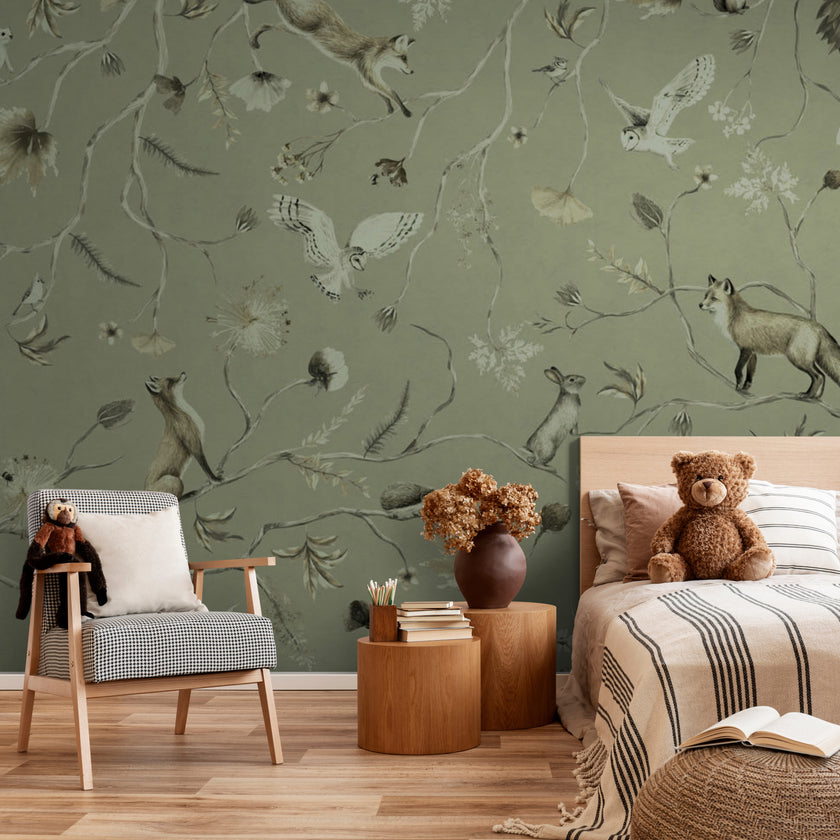 GDSE3144 Playful Forest Wallpaper Premium Peel and Stick Material 26in Wide x 6ft, 9 ft, 12ft, Monochrome Green