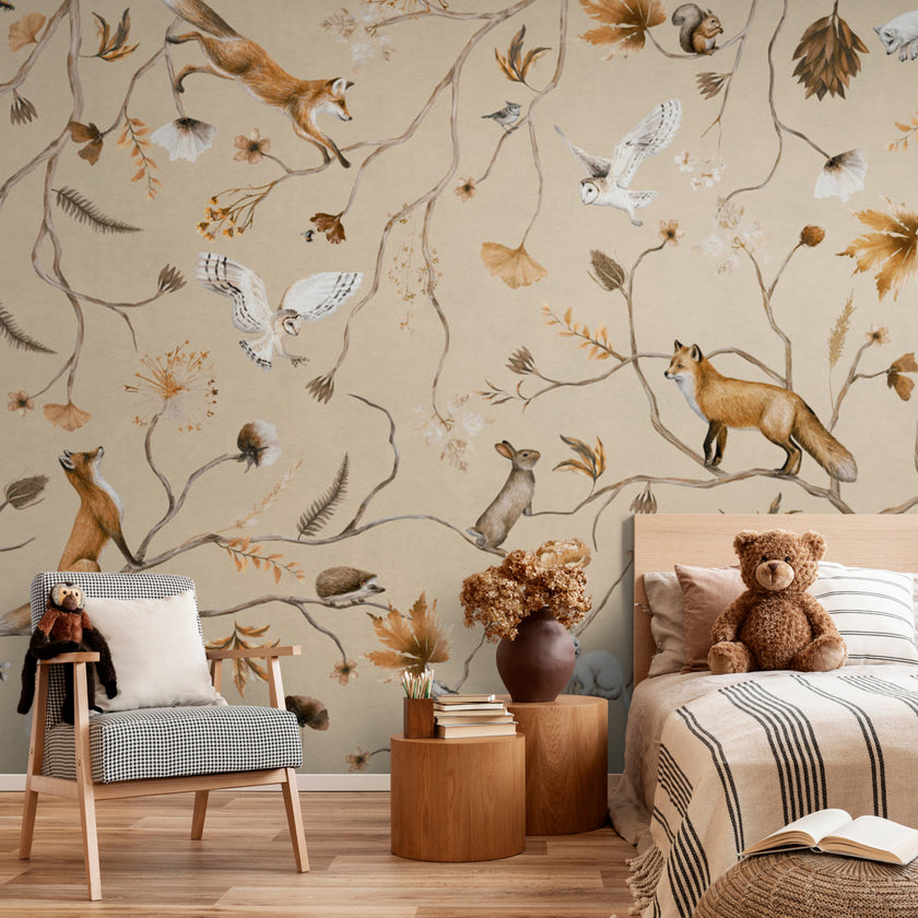 GDSE3140 Playful Forest Wallpaper Premium Peel and Stick Material 26in Wide x 6ft, 9 ft, 12ft, Beige