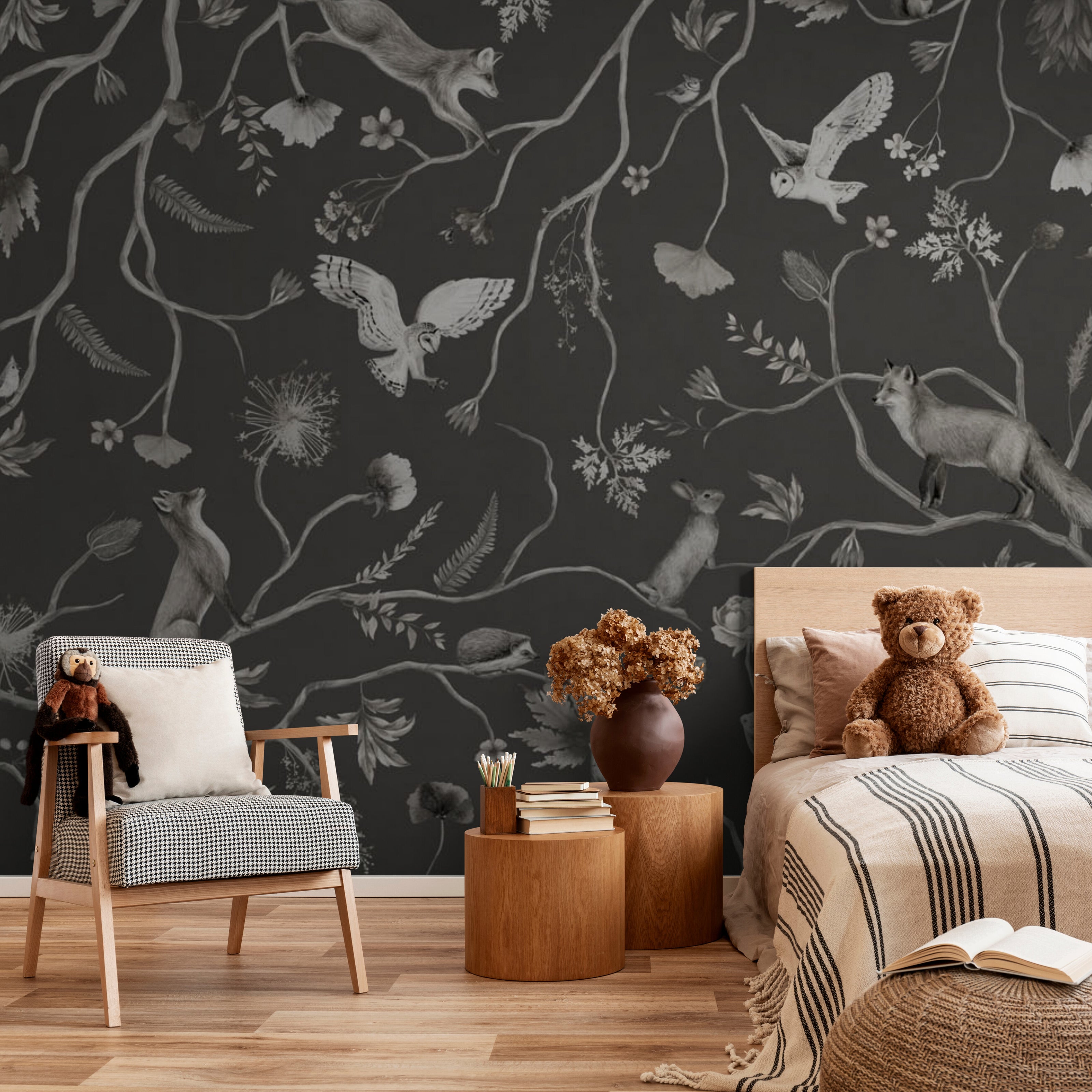 GDSE3143 Playful Forest Wallpaper Premium Peel and Stick Material 26in Wide x 6ft, 9 ft, 12ft, Black