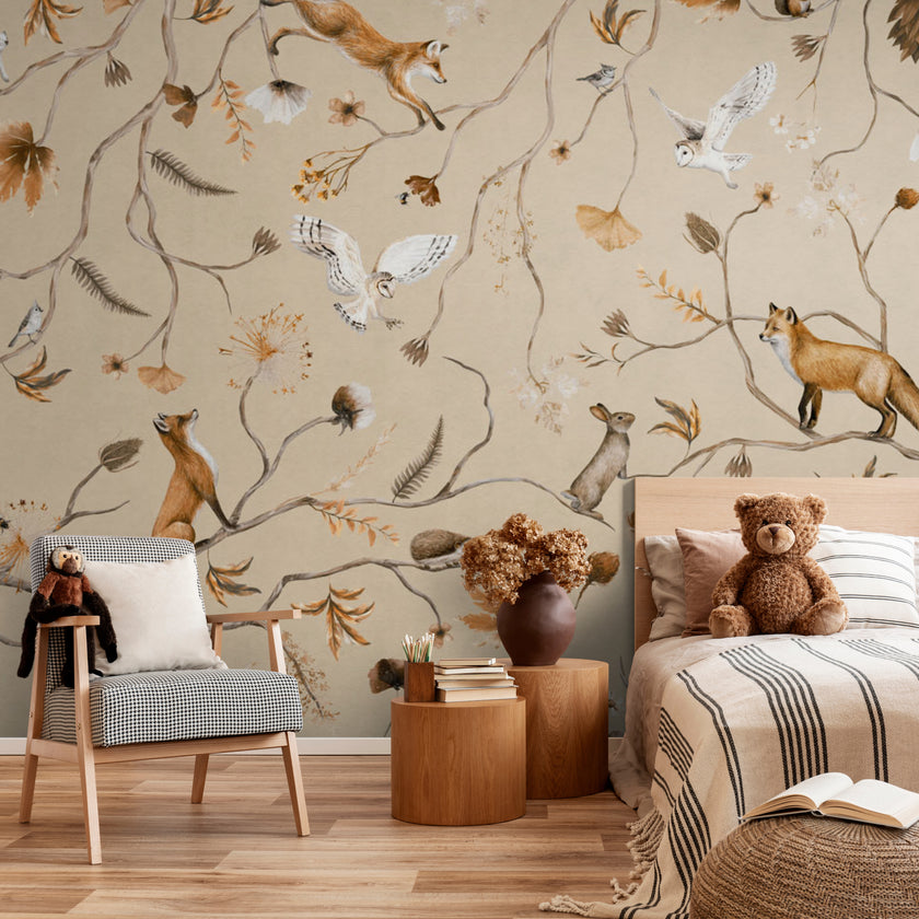 GDSE3140 Playful Forest Wallpaper Premium Peel and Stick Material 26in Wide x 6ft, 9 ft, 12ft, Beige