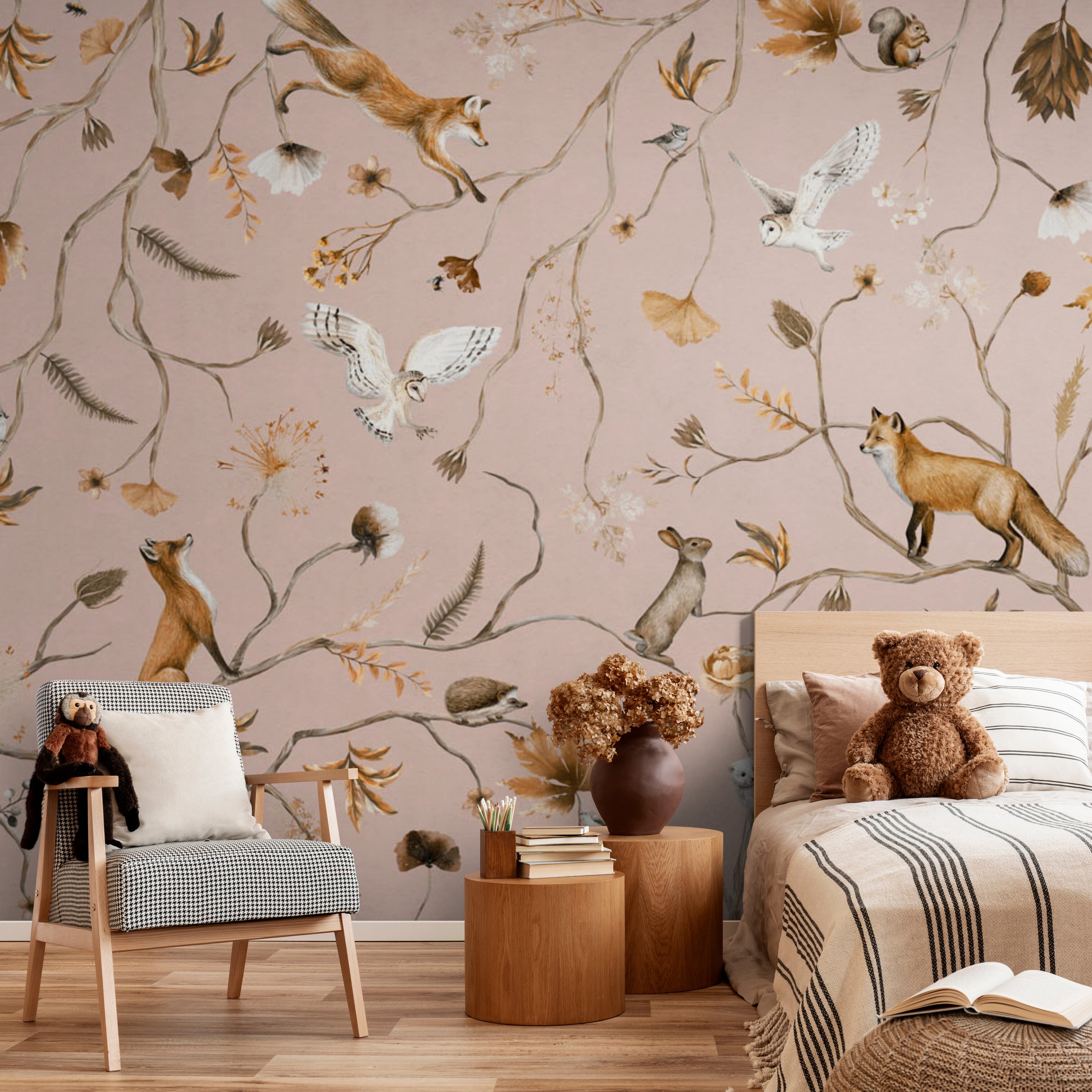 GDSE3147 Playful Forest Wallpaper Premium Peel and Stick Material 26in Wide x 6ft, 9 ft, 12ft, Pink