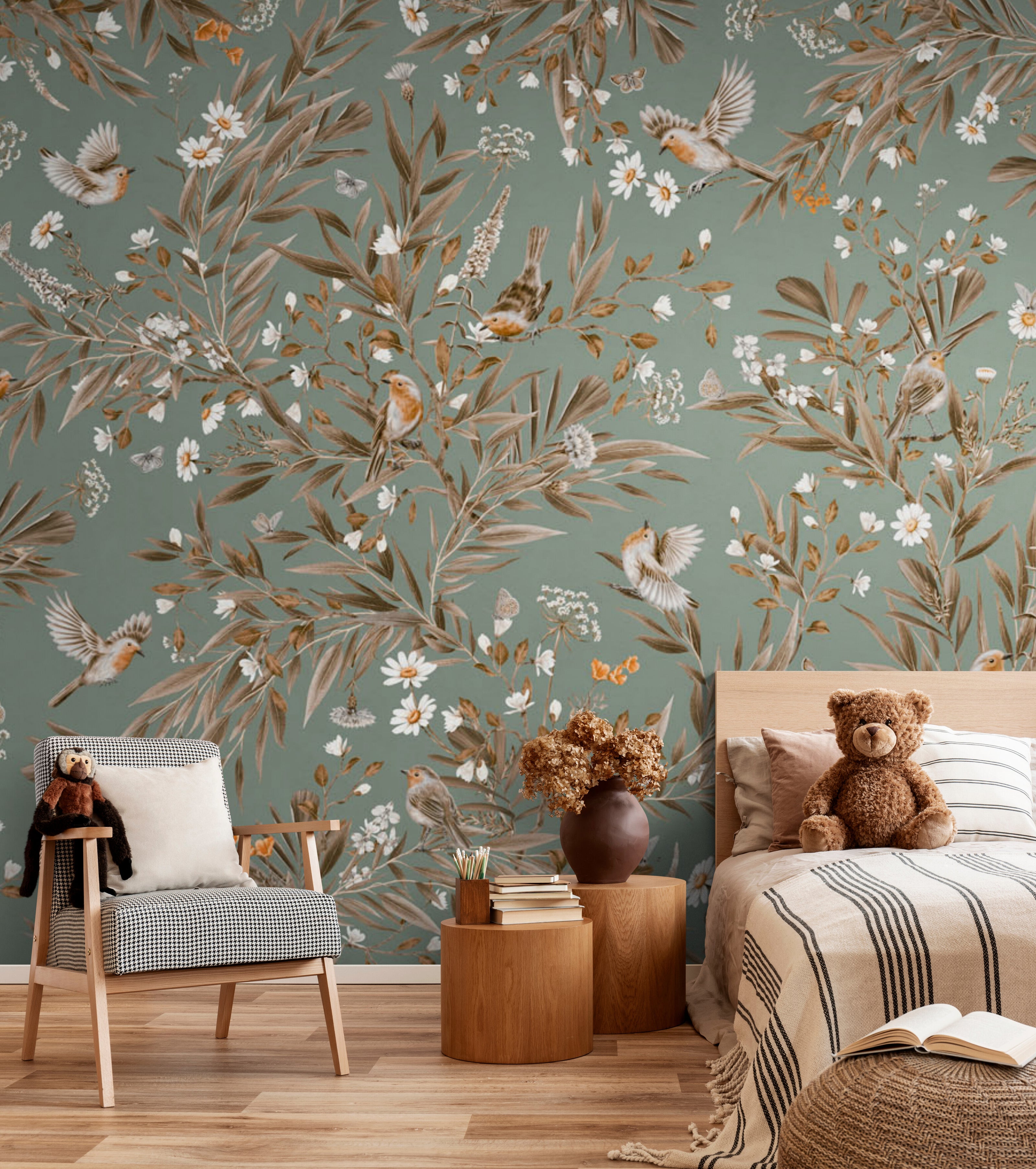 GDSE3180 Playful Robin Wallpaper Premium Peel and Stick Material 26in Wide x 6ft, 9 ft, 12ft, Vintage Green