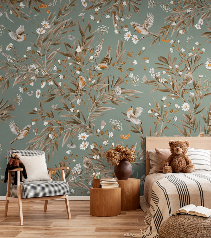 GDSE3190 Playful Robin Wallpaper Premium Peel and Stick Material 26in Wide x 6ft, 9 ft, 12ft, White