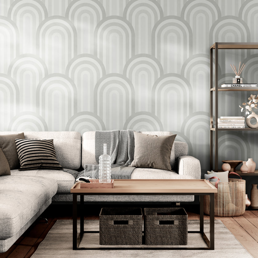 GP1036 Narrow Retro Arches Wallpaper Panels 26in Wide in Light Gray Beige