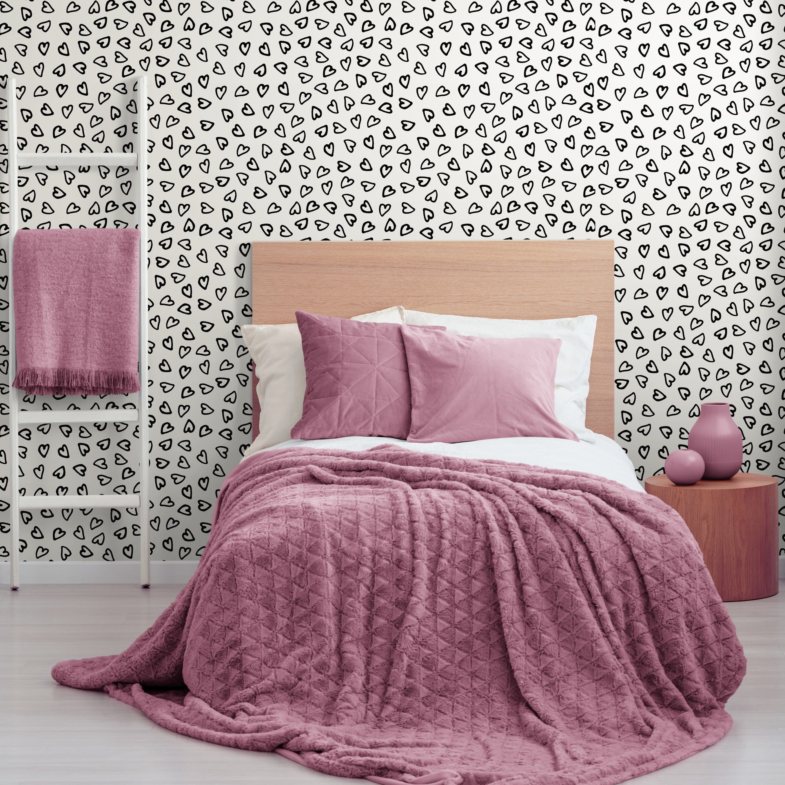 GP1006 Hand Painted Hearts Premium Peel and Stick Wallpaper Panel 6 Ft High x 26 Wide Black on Beige