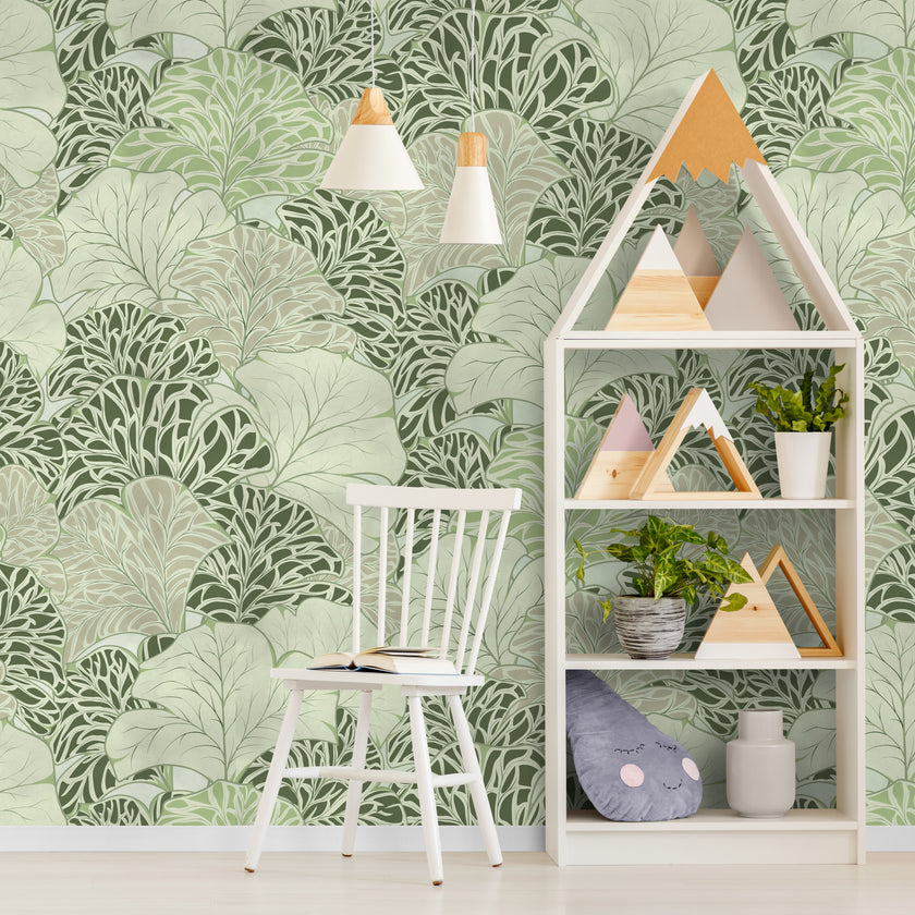 GE5090 Flabellate Foliage Endless Murals in Green Gray