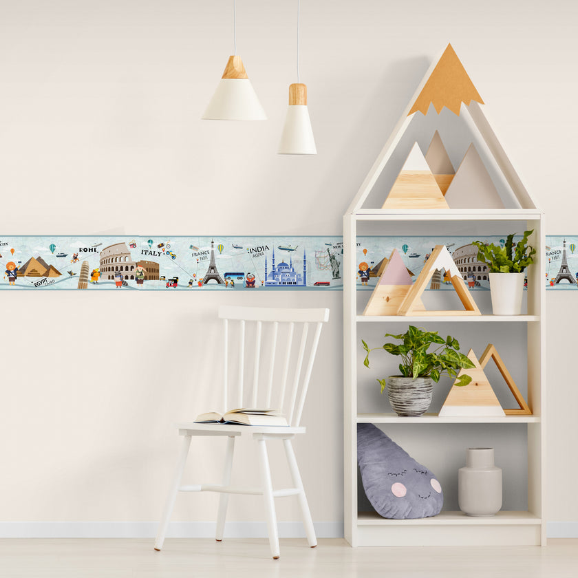 GB9020 Travel Bucket List Peel and Stick Wallpaper Border 10in or 8in Height x 15ft Long, Gray Teal Blue Brown Yellow