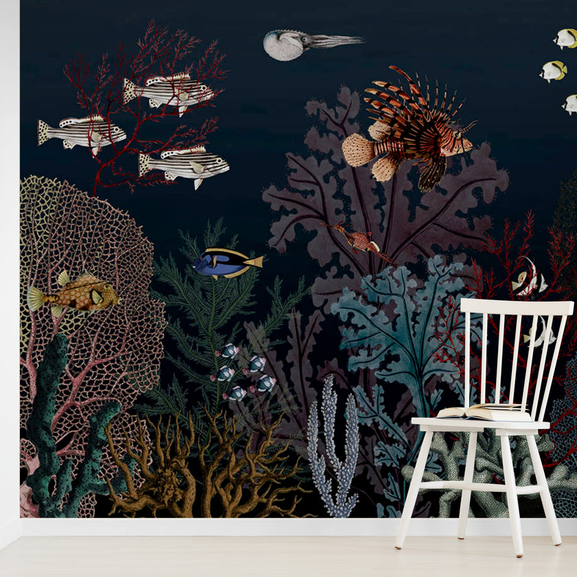 GDSE3130 Roaring Reef Wallpaper Premium Peel and Stick Material 26in Wide x 6ft, 9 ft, 12ft, Dark Blue