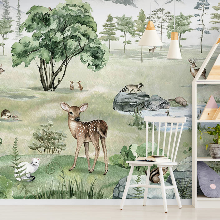 GDSE3040 Deer Forest Wallpaper Mural Premium Peel and Stick Material 26in Wide x 9 ft. Summer Green