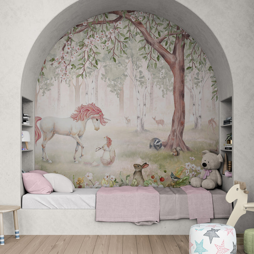 GDSE3120 Unicorn Forest Wallpaper Premium Peel and Stick Material 26in Wide x 6ft, 9 ft, 12ft, Pink Green