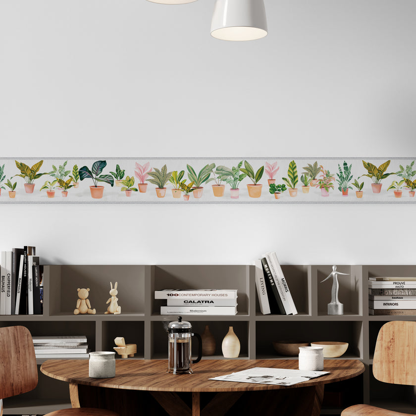 GB5040 Potted Plants Peel and Stick Wallpaper Border 10in or 8in Height x 15ft Long Light Dark Gray