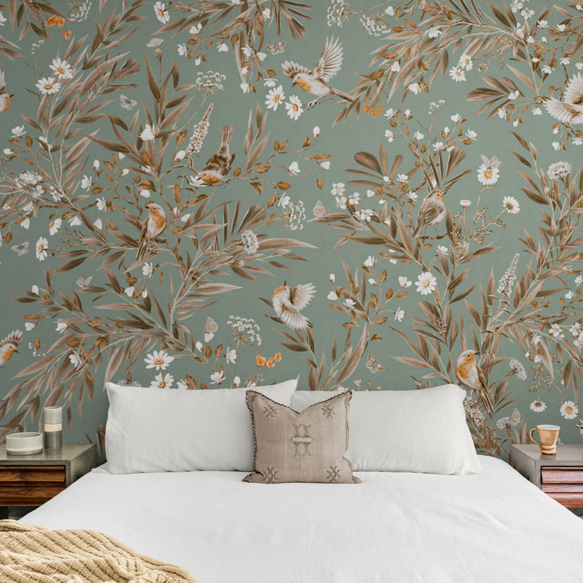 GDSE3178 Playful Robin Wallpaper Premium Peel and Stick Material 26in Wide x 6ft, 9 ft, 12ft, Black Brown