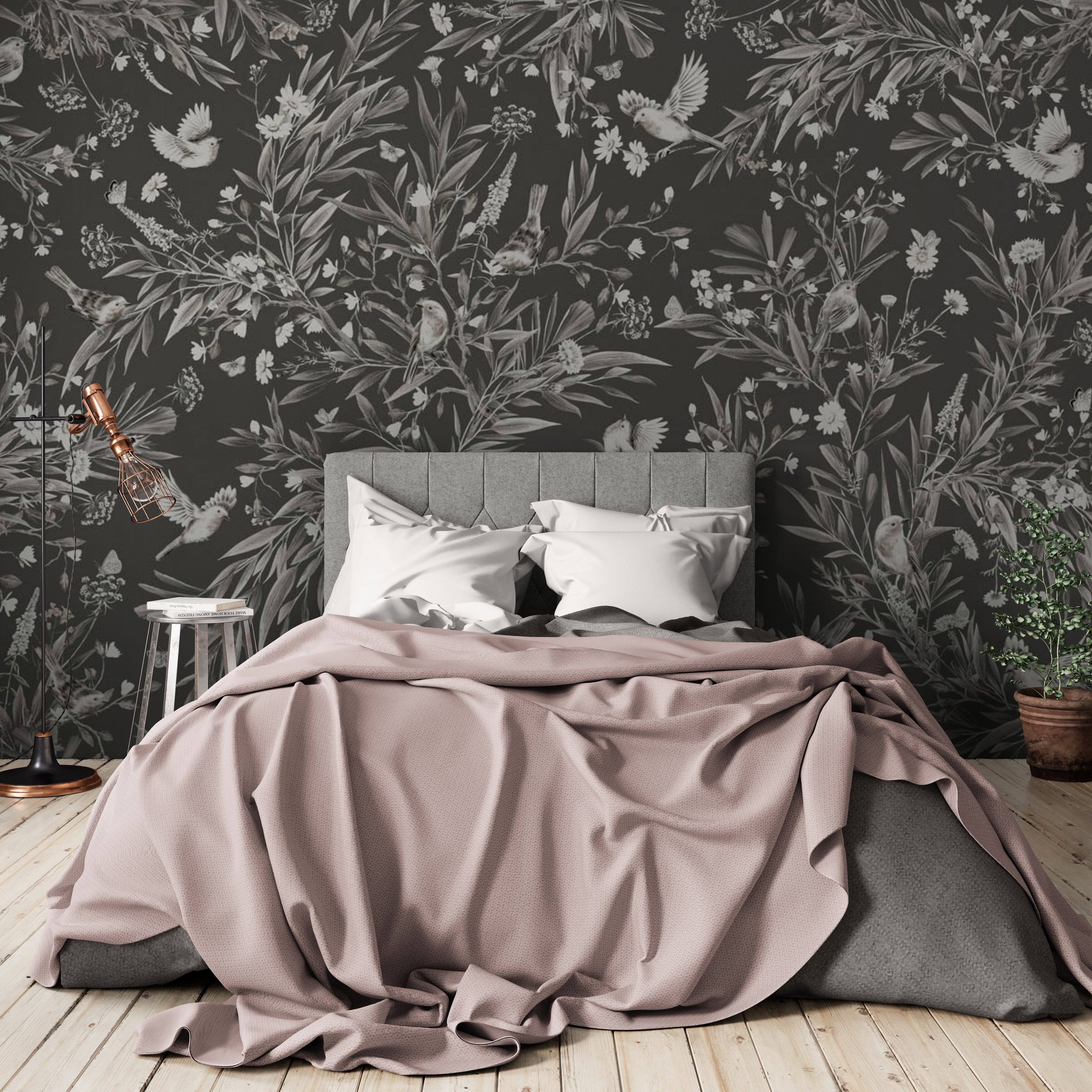 GDSE3172 Playful Robin Wallpaper Premium Peel and Stick Material 26in Wide x 6ft, 9 ft, 12ft, Black