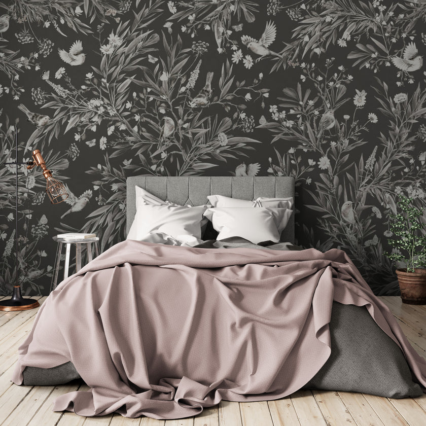 GDSE3172 Playful Robin Wallpaper Premium Peel and Stick Material 26in Wide x 6ft, 9 ft, 12ft, Black