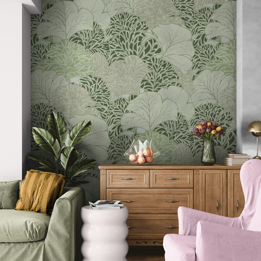 GE5090 Flabellate Foliage Endless Murals in Green Gray