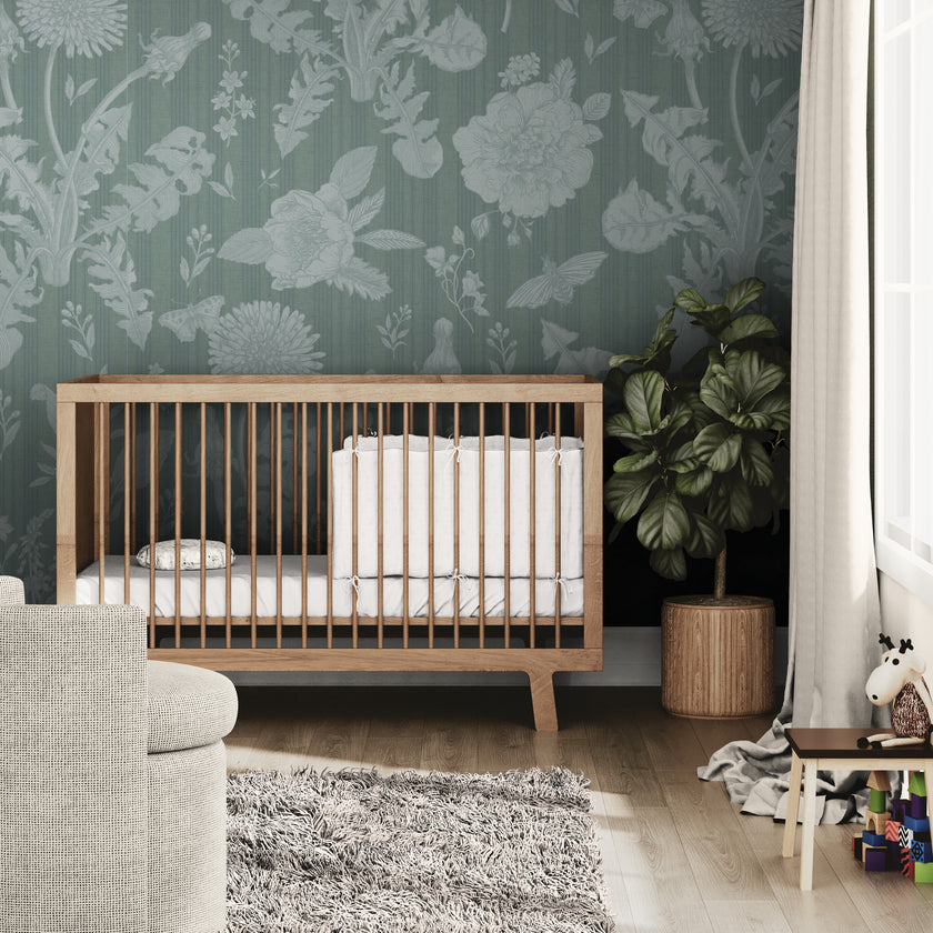 GE5074 Vintage Stripe Botanical Endless Murals Soft Teal Blue Gray