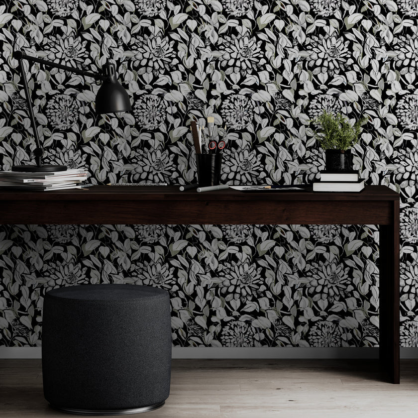 GDSL5003 Dahlias Premium Peel and Stick Wallpaper Panel 26 inch Wide in Light Teal White Black