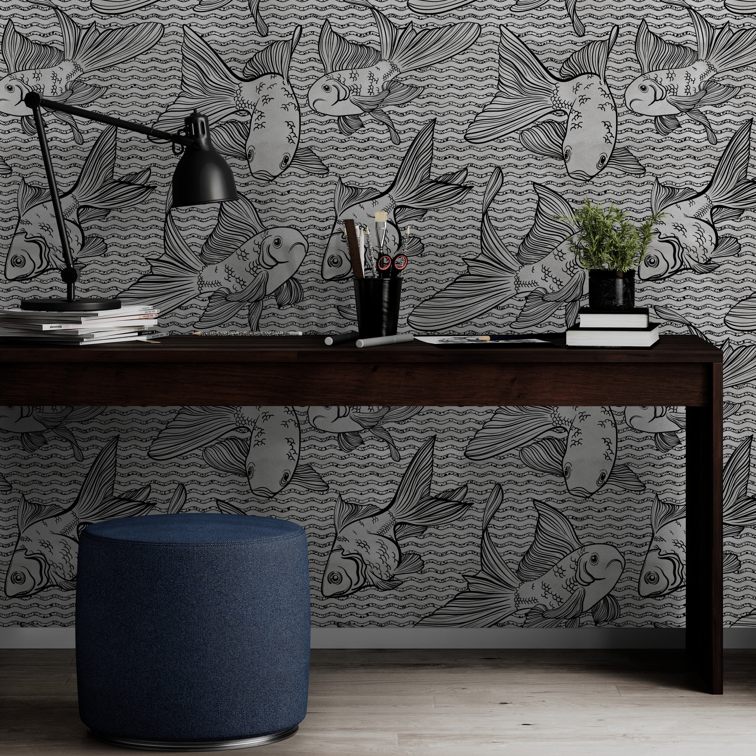 GP3033 Goldfish on Silver Premium Peel and Stick Wallpaper Panel 6 Ft High x 26 Wide in Black Silver