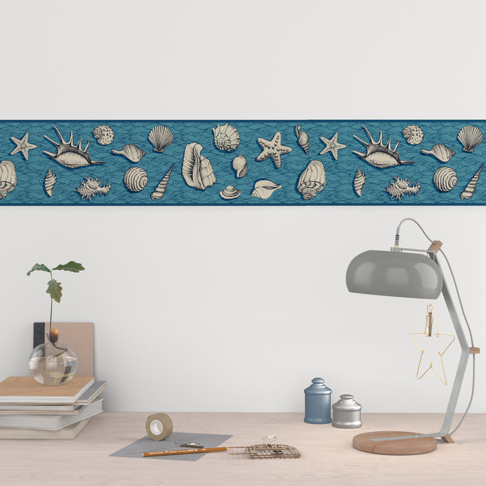 GB10022 Seashells On Waves Nautical Peel and Stick Wallpaper Border 10in or 8in Height x 15ft Long, Dark Blue Gray Off White