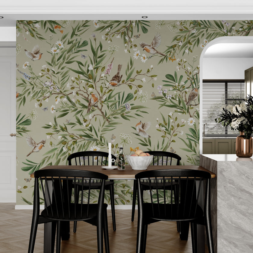 GDSE3171 Playful Robin Wallpaper Premium Peel and Stick Material 26in Wide x 6ft, 9 ft, 12ft, Green