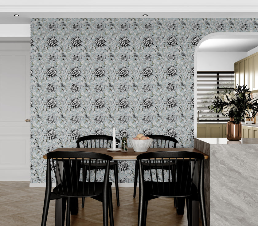 GDSL5003 Dahlias Premium Peel and Stick Wallpaper Panel 26 inch Wide in Light Teal White Black