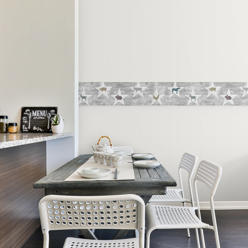 GB4032 Farmhouse Colorful Animals Distressed Wood Peel and Stick Wallpaper Border 10in or 8in Height x 15ft Long, Soft Gray Neutral Off White Blue Brown