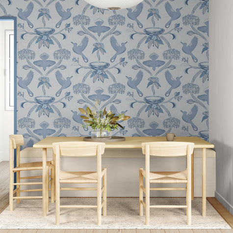 GDE0001 First Flight Endless Mural Peel and Stick Wallpaper Two Panels 26 inch Wide x 6 Ft High in Light Gray Muted Navy Soft Blue