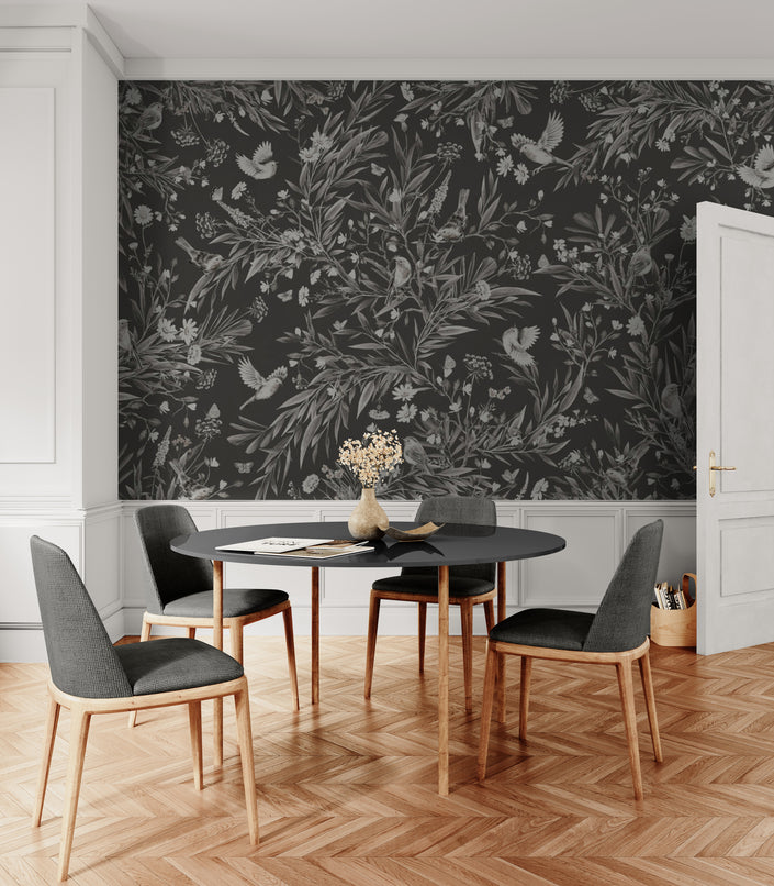 GDSE3172 Playful Robin Wallpaper Premium Peel and Stick Material 26in Wide x 6ft, 9 ft, 12ft, Black