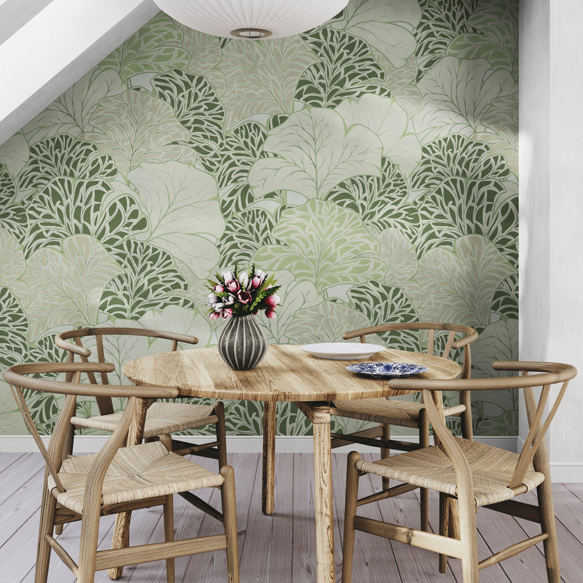 GE5090 Flabellate Foliage Endless Murals in Green Gray