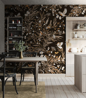 GDSE3178 Playful Robin Wallpaper Premium Peel and Stick Material 26in Wide x 6ft, 9 ft, 12ft, Black Brown