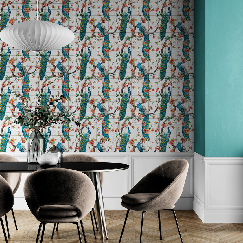 GW2165 Peacock with Grid Peel and Stick Wallpaper Roll 19 inch Wide x 18 ft. Long, Blue White Orange