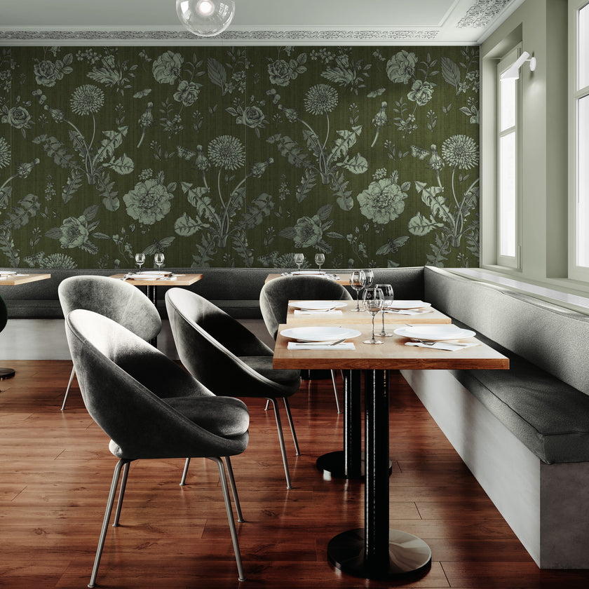 GE5073 Vintage Stripe Botanical Endless Murals in Dark Olive Green